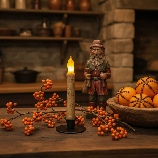 Decorative scene with a lit candle, figurine, and oranges on a wooden surface.