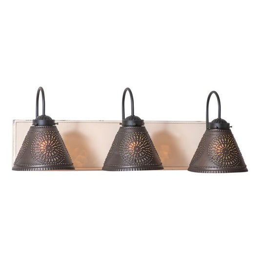 Three light crestwood vanity light in rustic white with black shades and painted wooden backplate, displayed from different angles.
