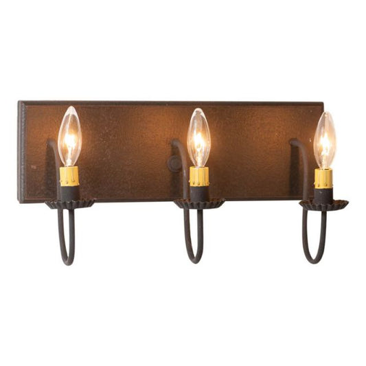 A black textured vanity light with three E12/Candelabra sockets, featuring a classic country design.