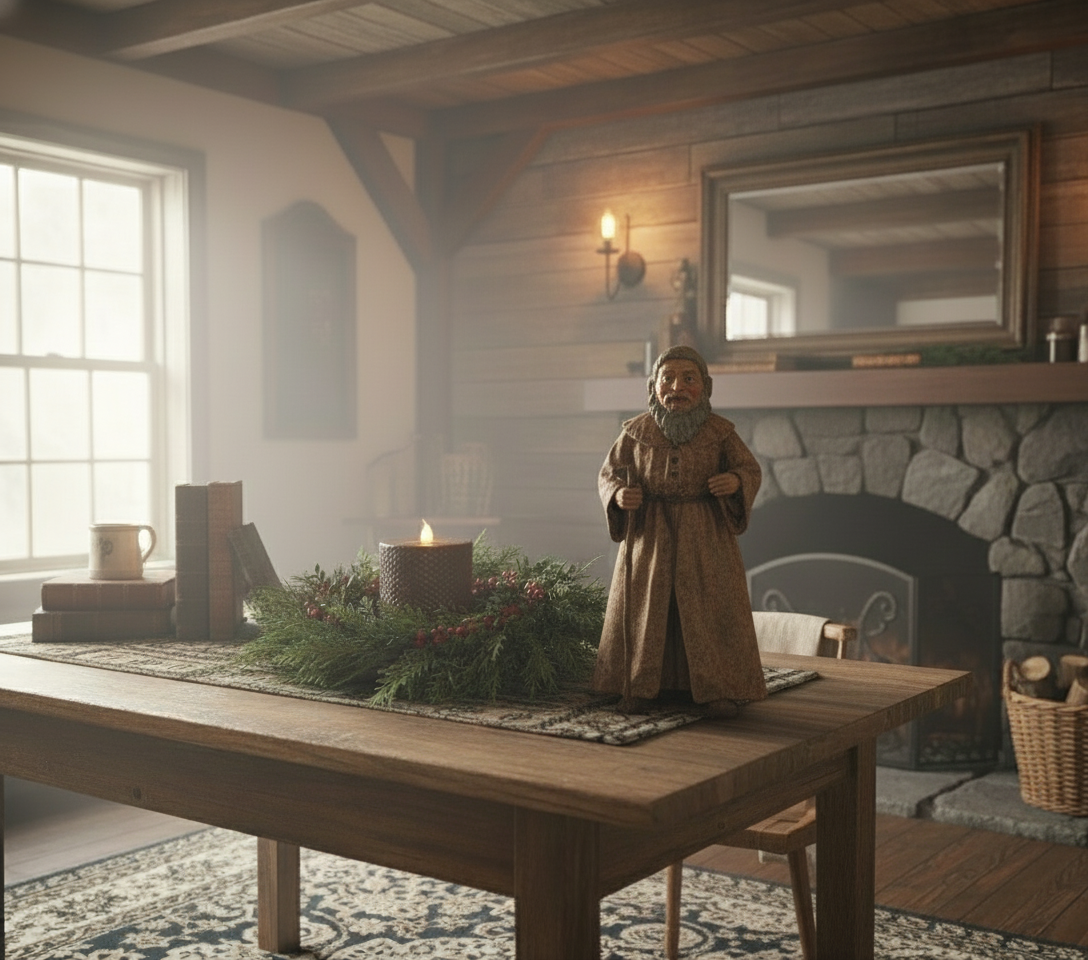Wooden table with a figurine of a bearded man in a long coat, surrounded by festive decorations in a cozy room with a stone fireplace.