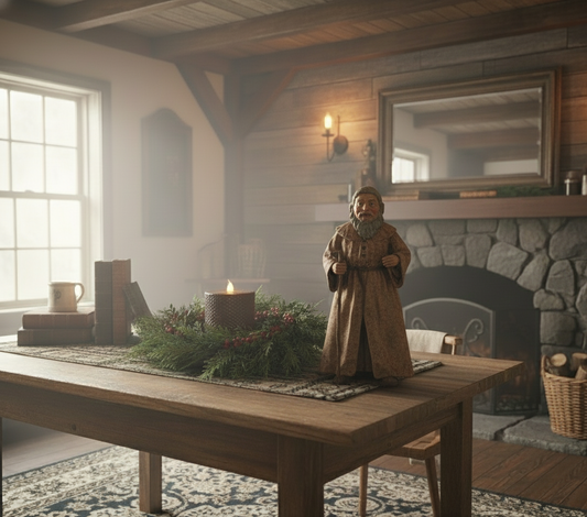 Wooden table with a figurine of a bearded man in a long coat, surrounded by festive decorations in a cozy room with a stone fireplace.