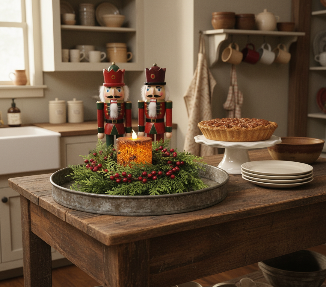 Decorative centerpiece with nutcrackers and candles on a wooden table in a kitchen.