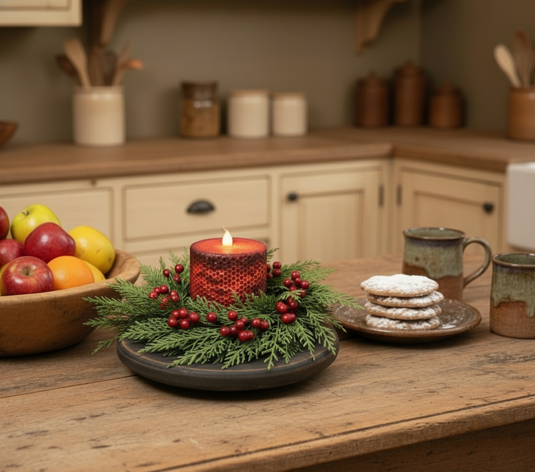 Decorative setup on a wooden table with fruits, candles, and cookies in a kitchen.