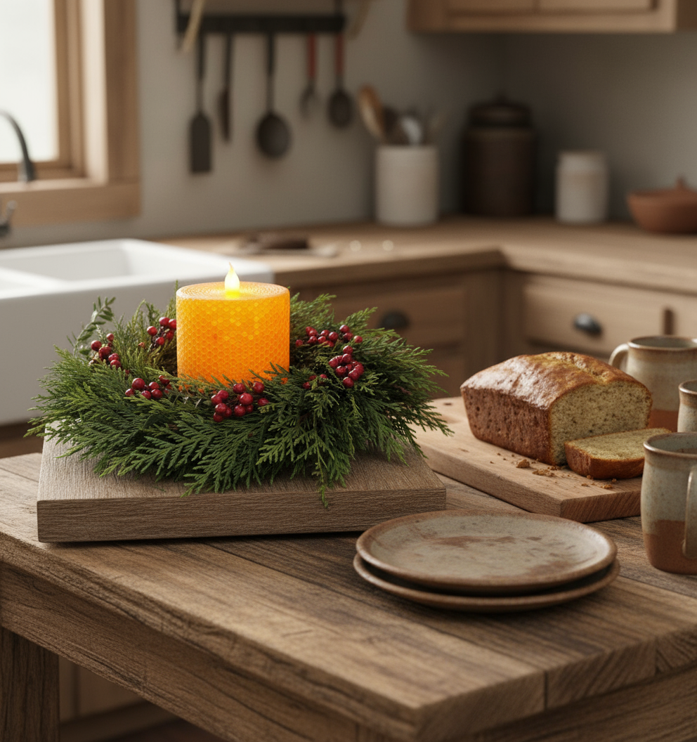 Candle with greenery on a wooden surface in a kitchen setting