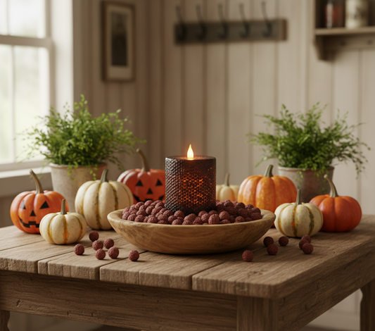 Decorative setup with pumpkins, a candle, and a bowl of berries on a wooden table.