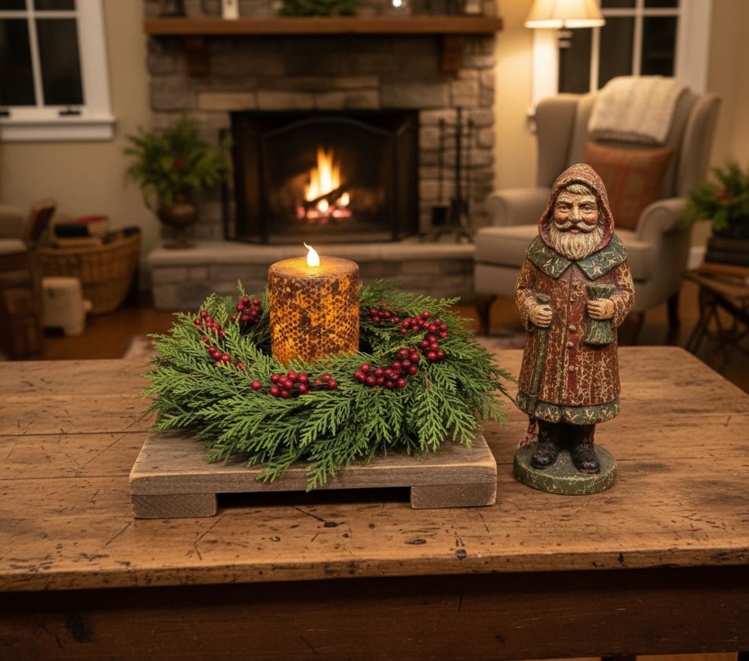 Decorative candle and wreath on a wooden table with a Santa Claus figurine in a cozy living room.