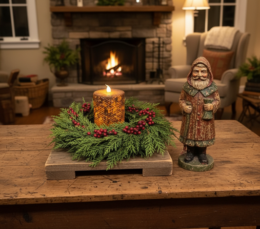 Decorative candle and wreath on a wooden table with a Santa Claus figurine in a cozy living room.