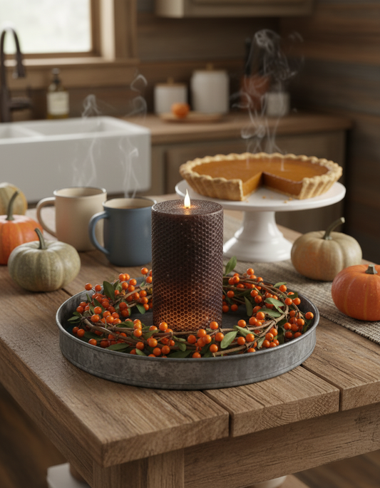 Table setting with a candle, pumpkins, and a pie in a kitchen.