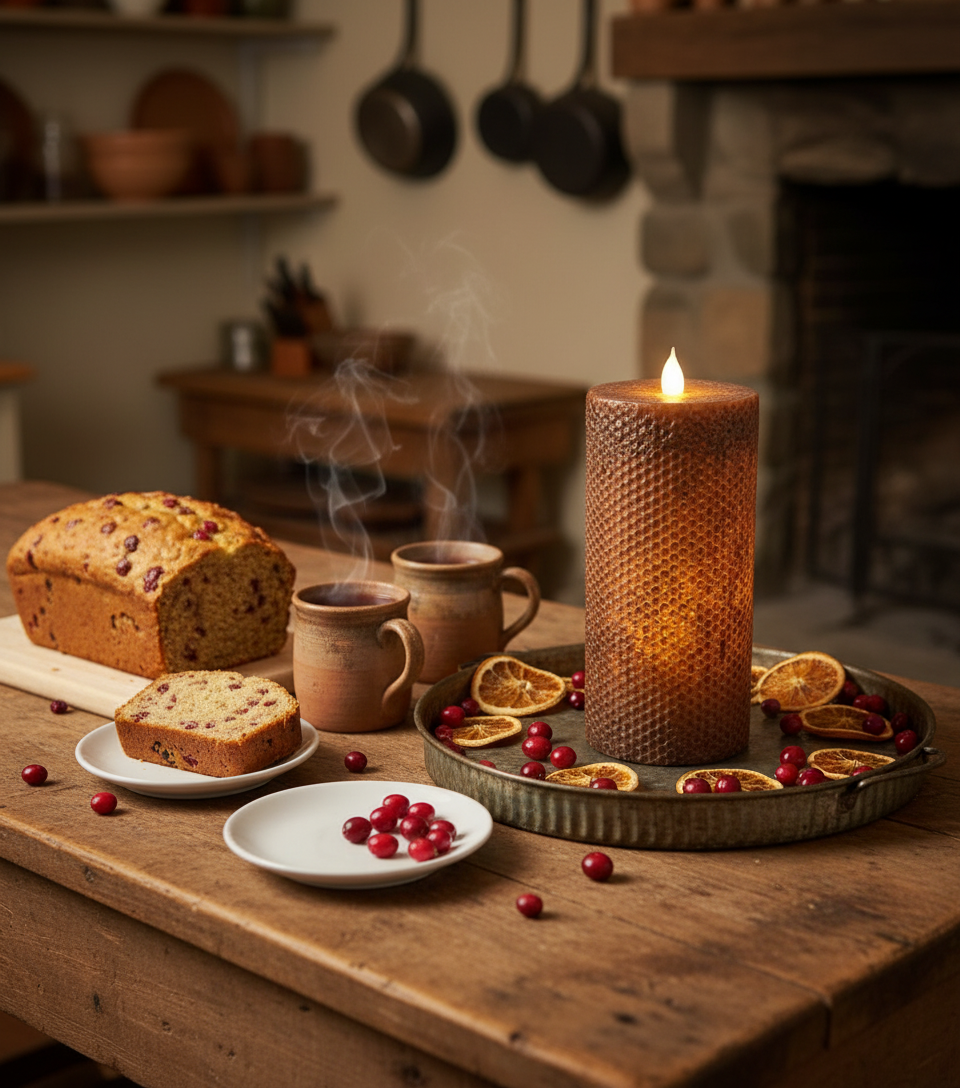Candlelit scene with bread, mugs, and fruit on a wooden table in a cozy kitchen.