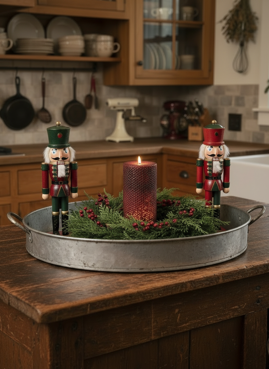 Decorative setup with nutcrackers and a candle on a wooden surface in a kitchen.