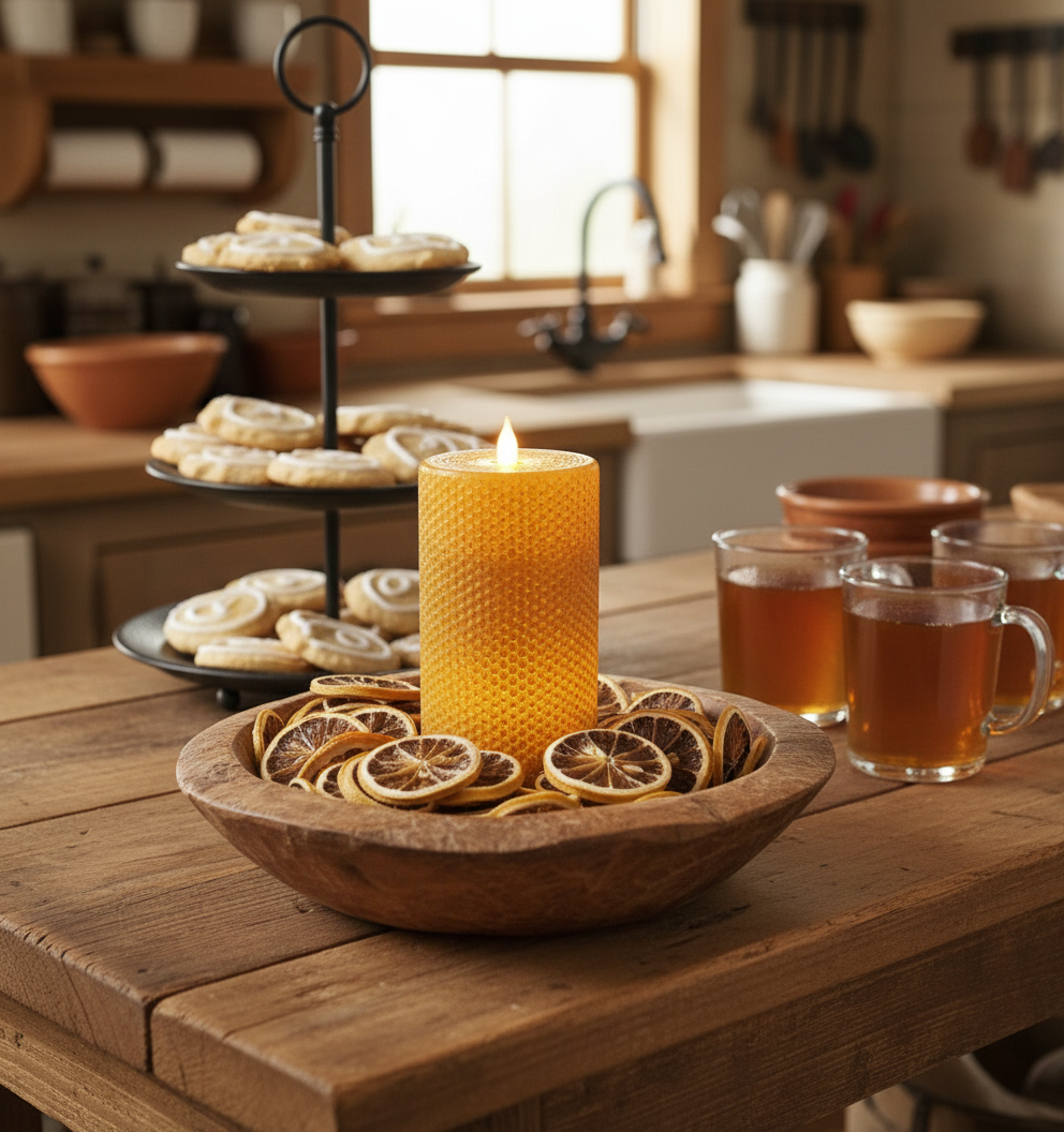 Candle, bowl of dried lemons, and mugs on a wooden table in a kitchen setting.