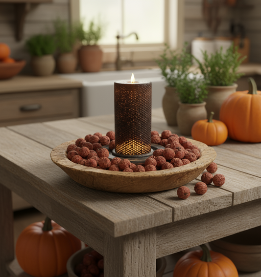 Decorative candle in a wooden bowl with berries on a kitchen table with pumpkins and plants.