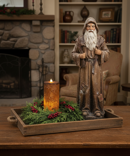 Decorative figure of a bearded man in a robe with a lit candle on a wooden tray in a cozy room.