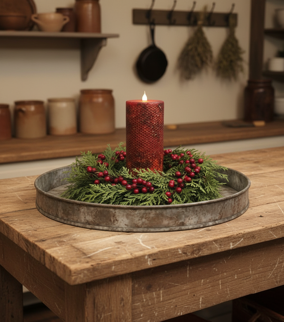 Decorative candle with greenery on a metal tray in a rustic kitchen setting