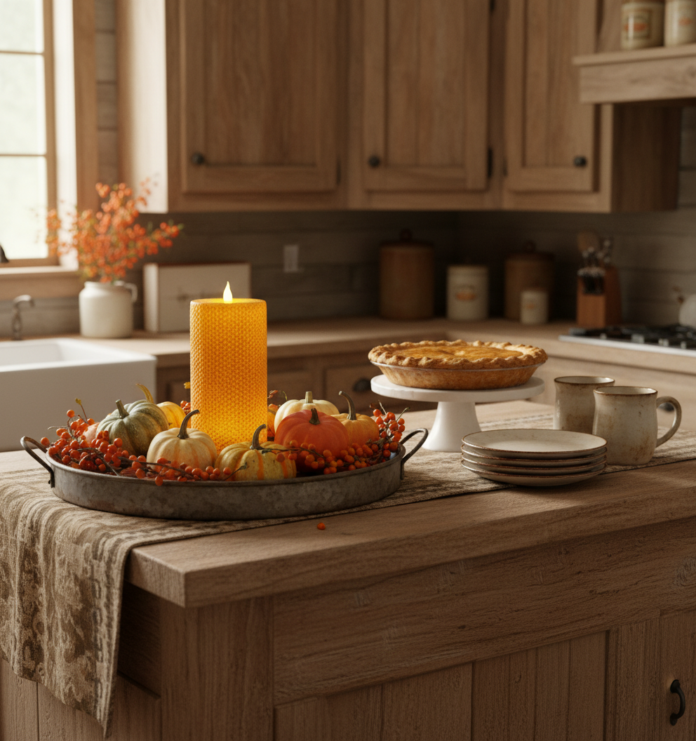Decorative fall arrangement with pumpkins and a candle on a kitchen counter.