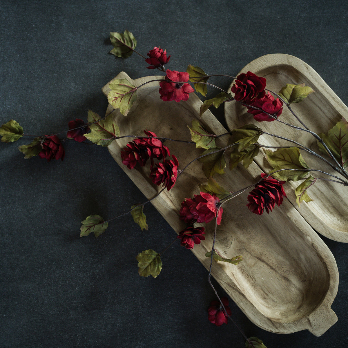 Beige sandals with red flowers and green leaves on a dark background