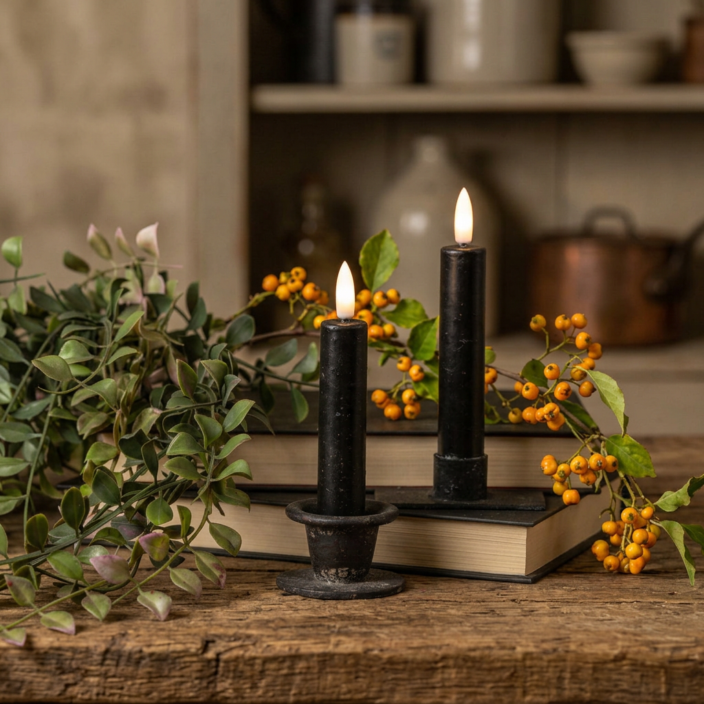 Two battery operated taper candles in kitchen setting with fresh bittersweet.