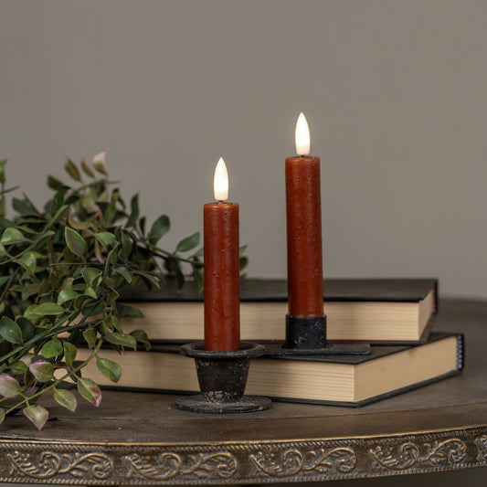 Two lit candles in black holders on books with a plant in the background
