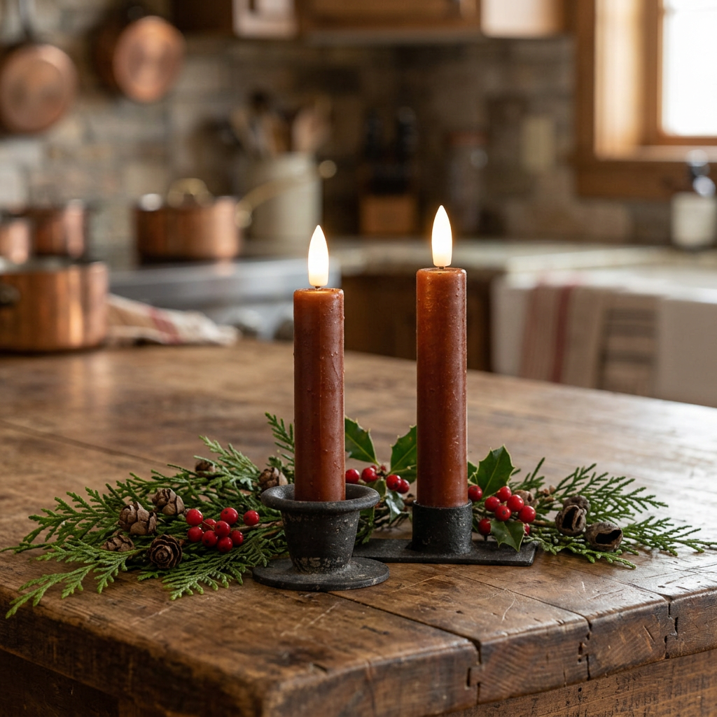 Two battery operated tapers on primitive island with fresh cedar greens and berries in kitchen setting.