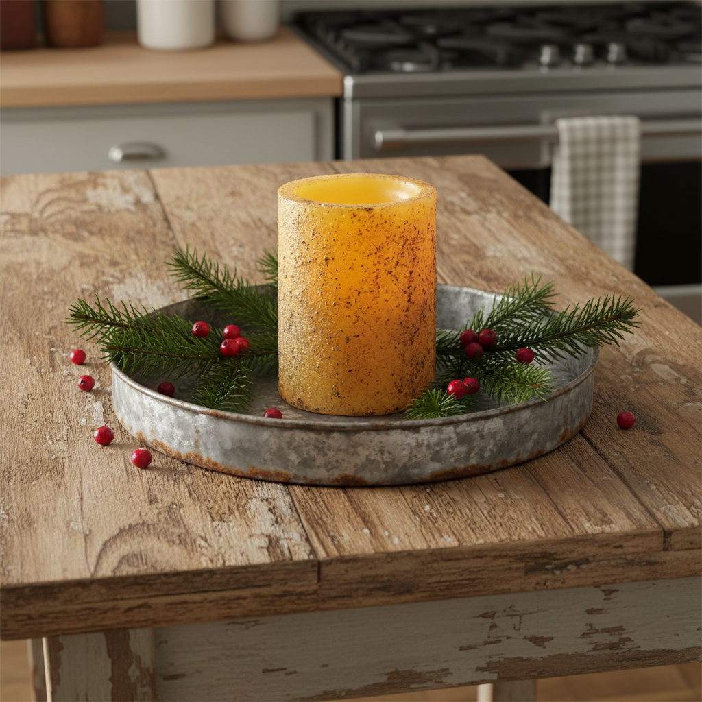 Decorative candle with greenery on a metal tray on a wooden table in a kitchen.