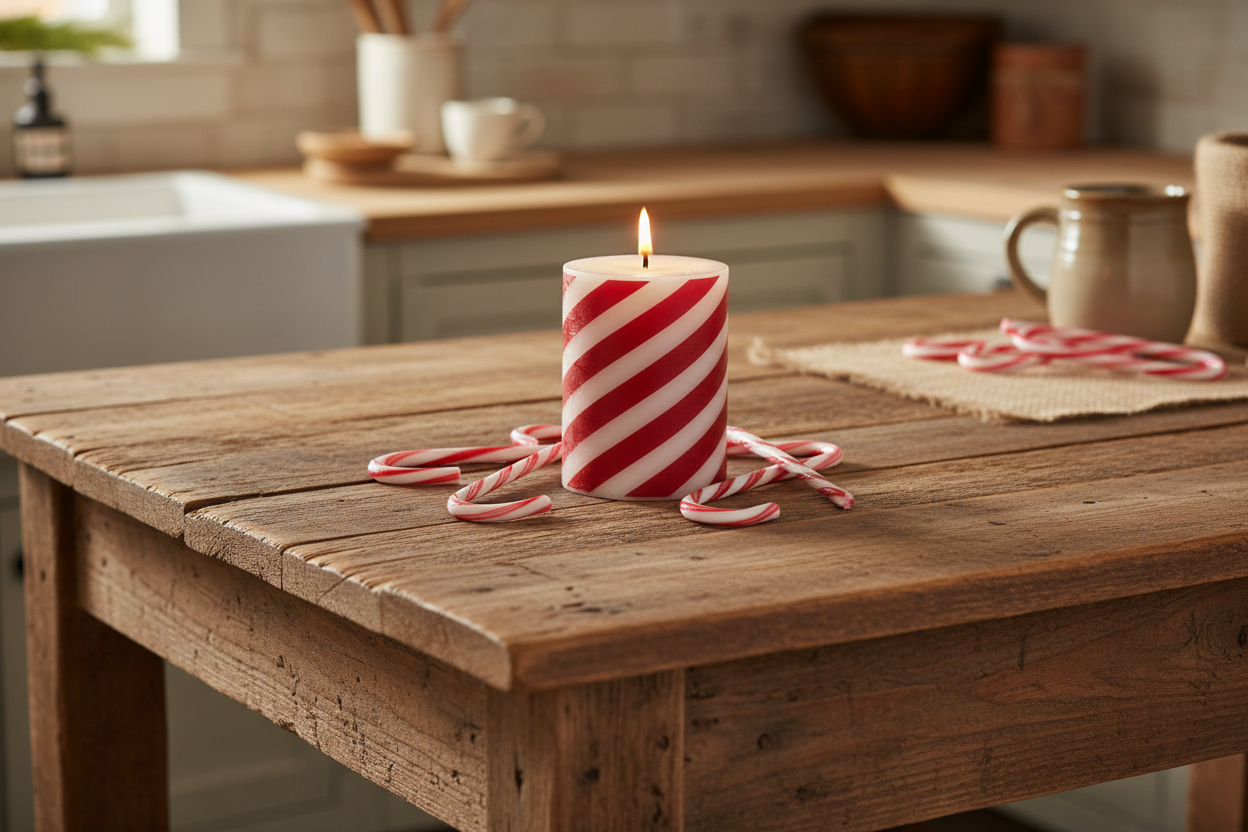 Red and white striped candle on a wooden table with candy canes in a kitchen setting