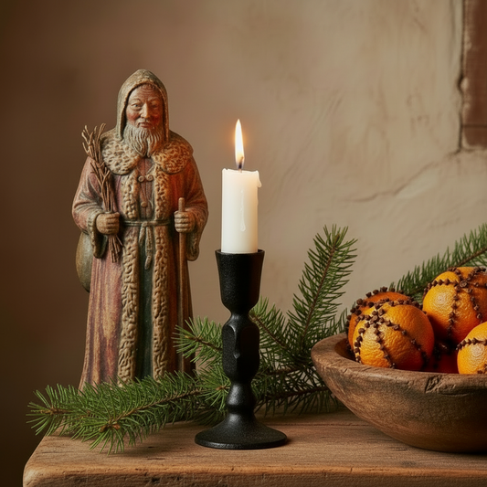 Wooden statue of a bearded man with a bow, lit candle, and bowl of oranges on a wooden table.