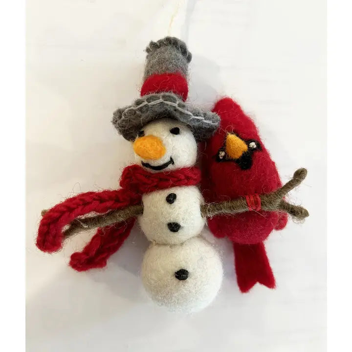 Felted Wool "Snowman Igor with Cardinal Weezie" Christmas Ornament