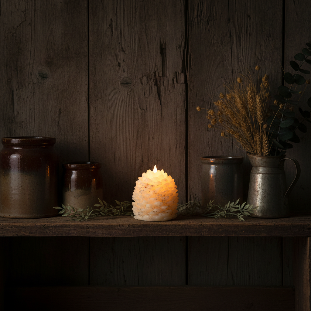 4 1/4" Moving Flame Cream Pinecone Candle