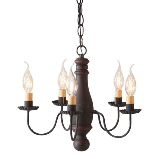 A black chandelier with red stripes, featuring textured arms and crimped pans, with five E12/Candelabra sockets.