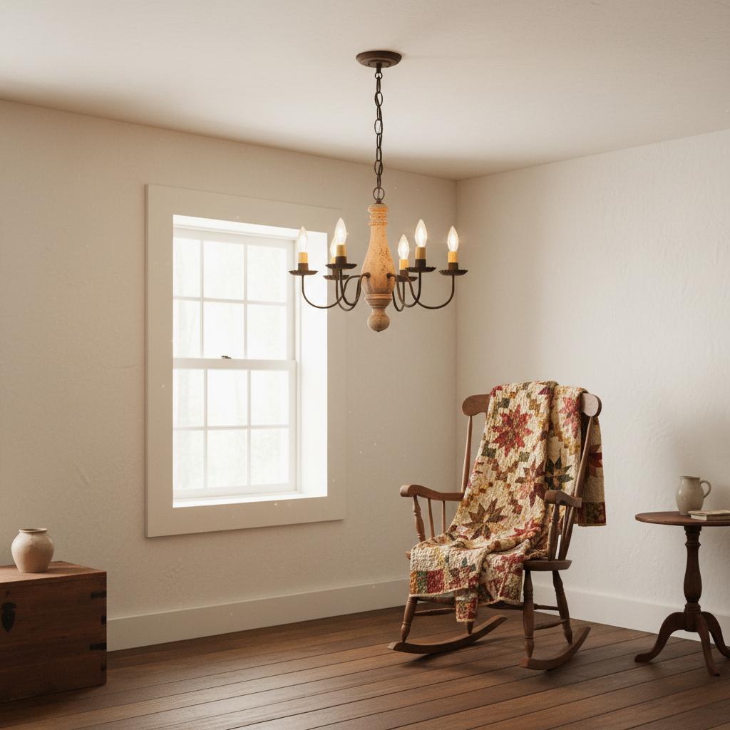 Rustic room with wooden rocking chair, chandelier, and small table.