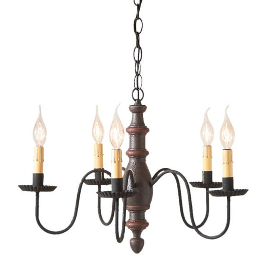 A midsized chandelier with a handspun body and extending arms, featuring a textured espresso finish with black textured arms and crimped pans, with E12/Candelabra sockets.