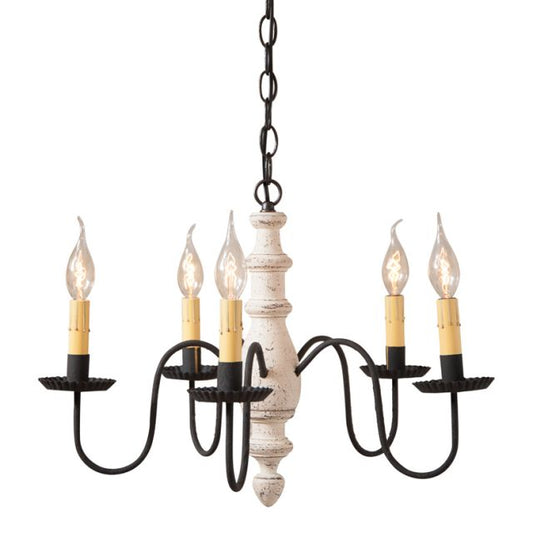 A midsized chandelier with a handspun body in a vintage white finish and black textured arms with E12/Candelabra sockets.