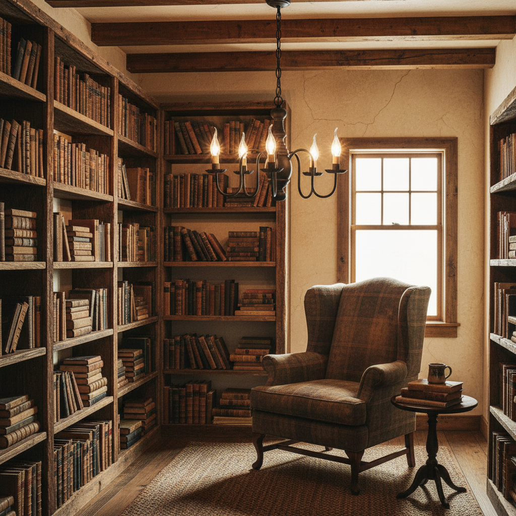 Cozy library with bookshelves, armchair, and window