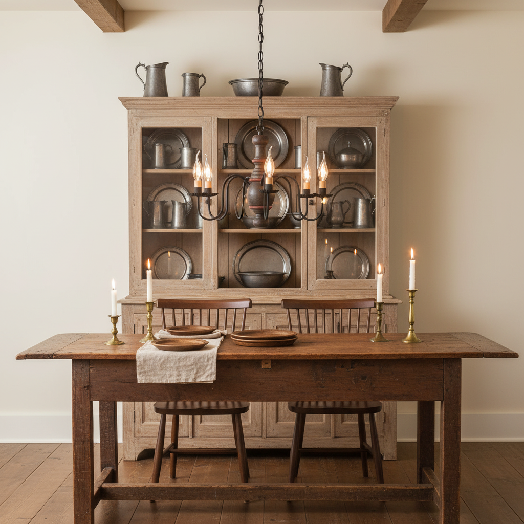 Dining room with wooden table and chairs, and a large wooden cabinet with glass doors.