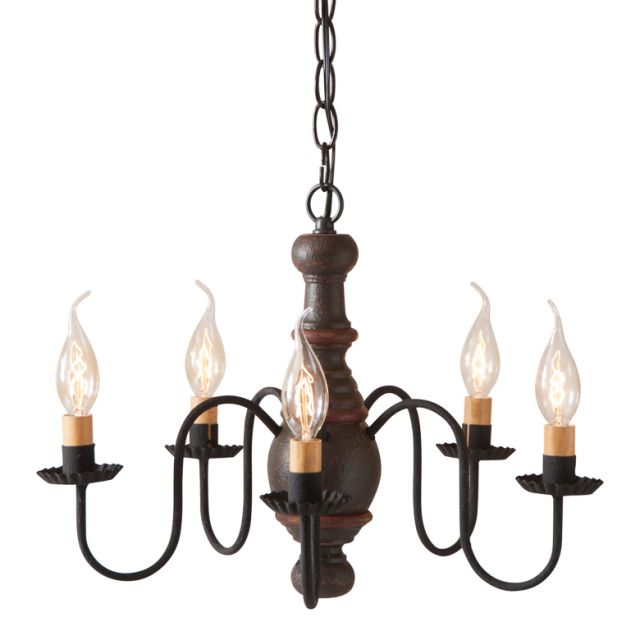 A Lancaster Wooden Chandelier with five lights in Americana Espresso color, featuring black textured arms with crimped pans and a chain-hung design.