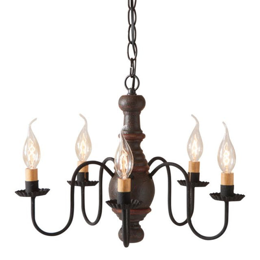 A Lancaster Wooden Chandelier with five lights in Americana Espresso color, featuring black textured arms with crimped pans and a chain-hung design.