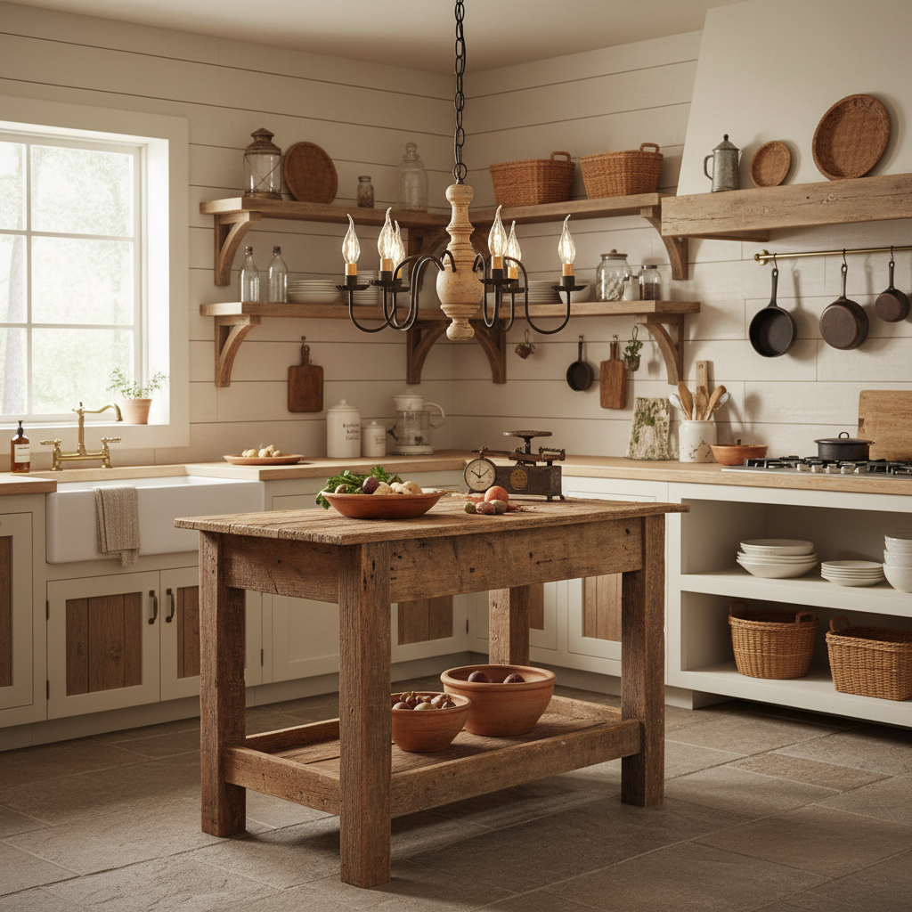 Nostalgic kitchen with wooden island, shelves, and hanging pots.