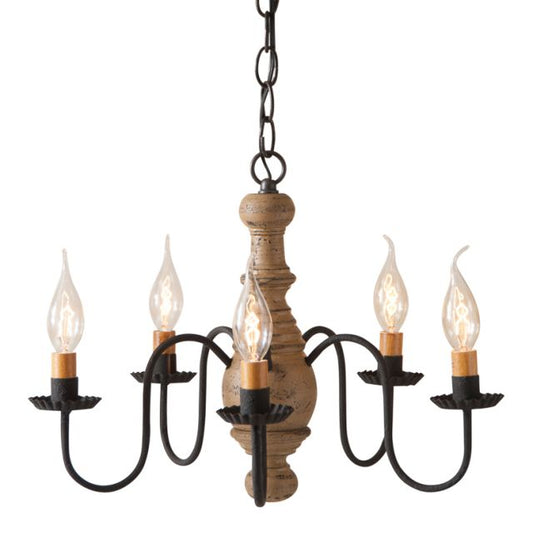 A Lancaster wooden chandelier with textured pearwood finish, black arms with crimped pans, and five E12/Candelabra sockets, featuring a ceiling plate and cord.
