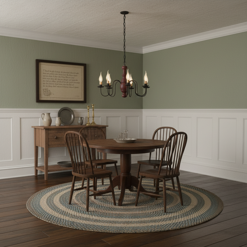 Dining room with wooden table and chairs, chandelier, and framed picture on wall.
