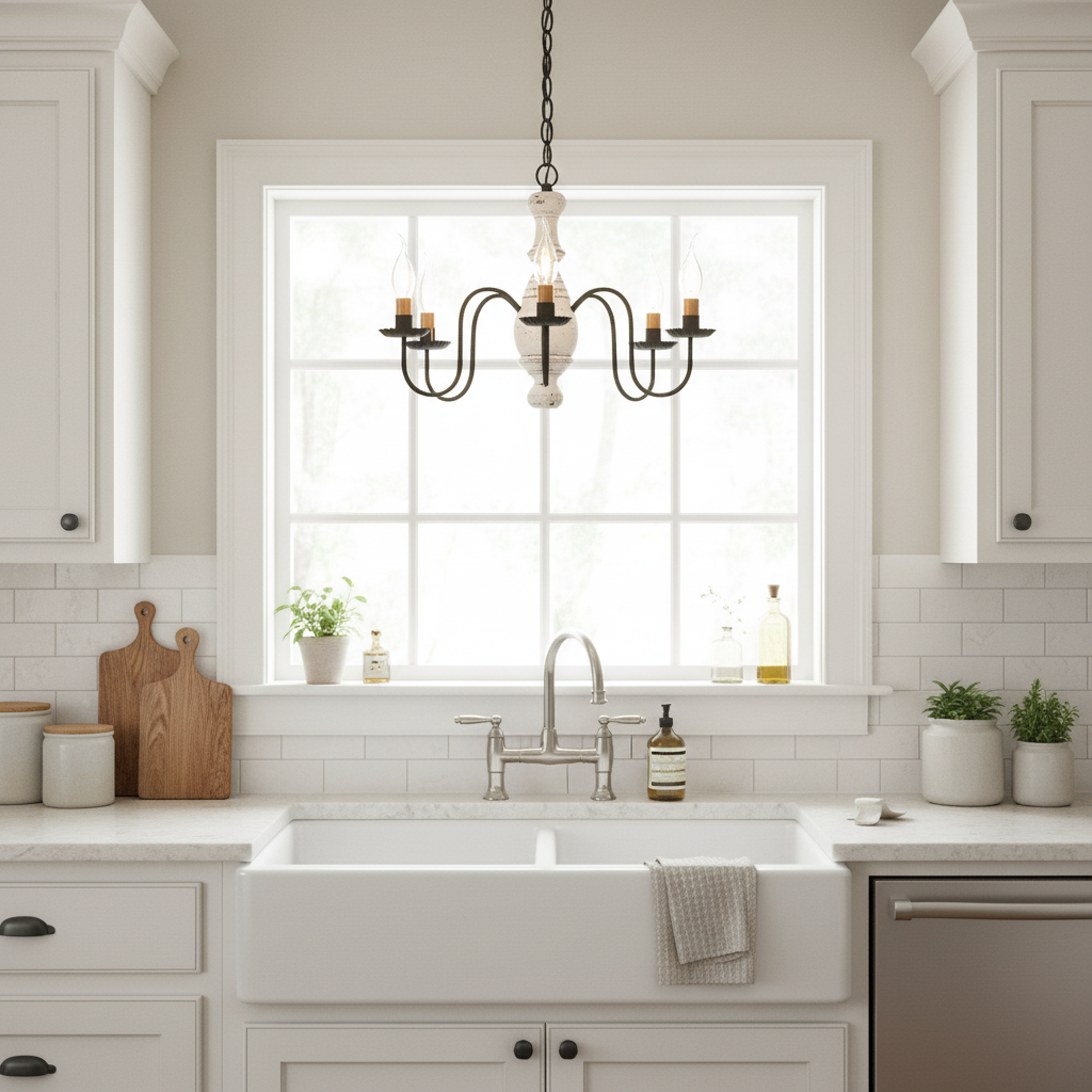 Farmhouse kitchen with white sink, window above, and decorative elements.