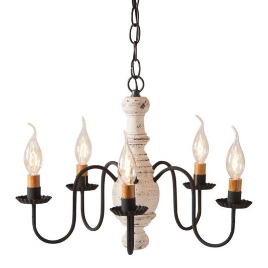 A vintage-style chandelier with a white textured body and black arms, featuring E12/Candelabra sockets and a chain of lights.