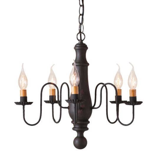 A black, wooden chandelier with a rustic finish, featuring textured arms and crimped pans, with five hanging lights.