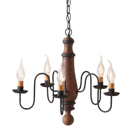 A medium-sized Norfolk wooden chandelier with a Hartford pumpkin design, featuring black textured arms and crimped pans, with E12/Candelabra sockets.