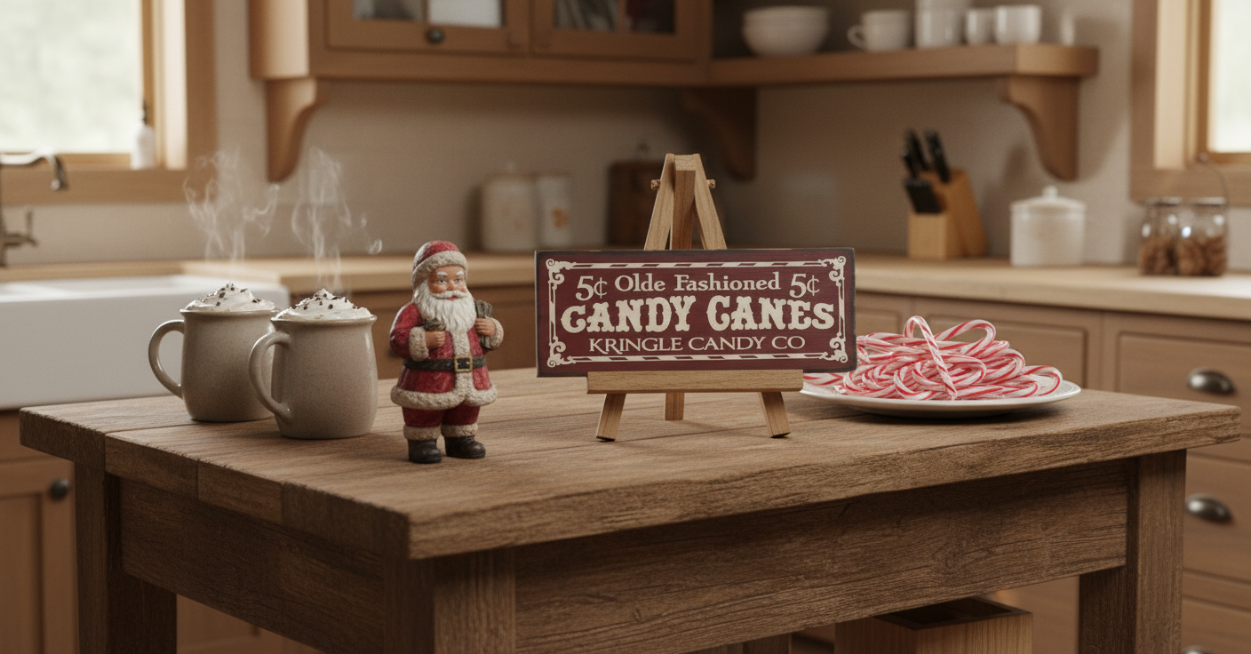 Decorative Christmas setup on a wooden dresser with garlands, candy canes, and a sign.