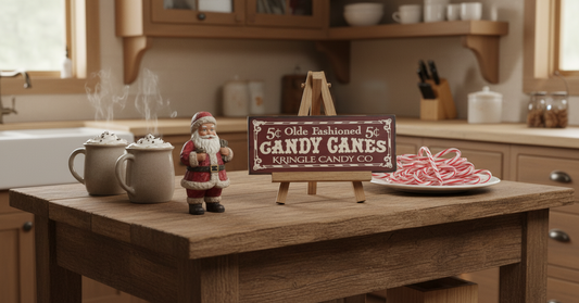 Decorative Christmas setup on a wooden dresser with garlands, candy canes, and a sign.