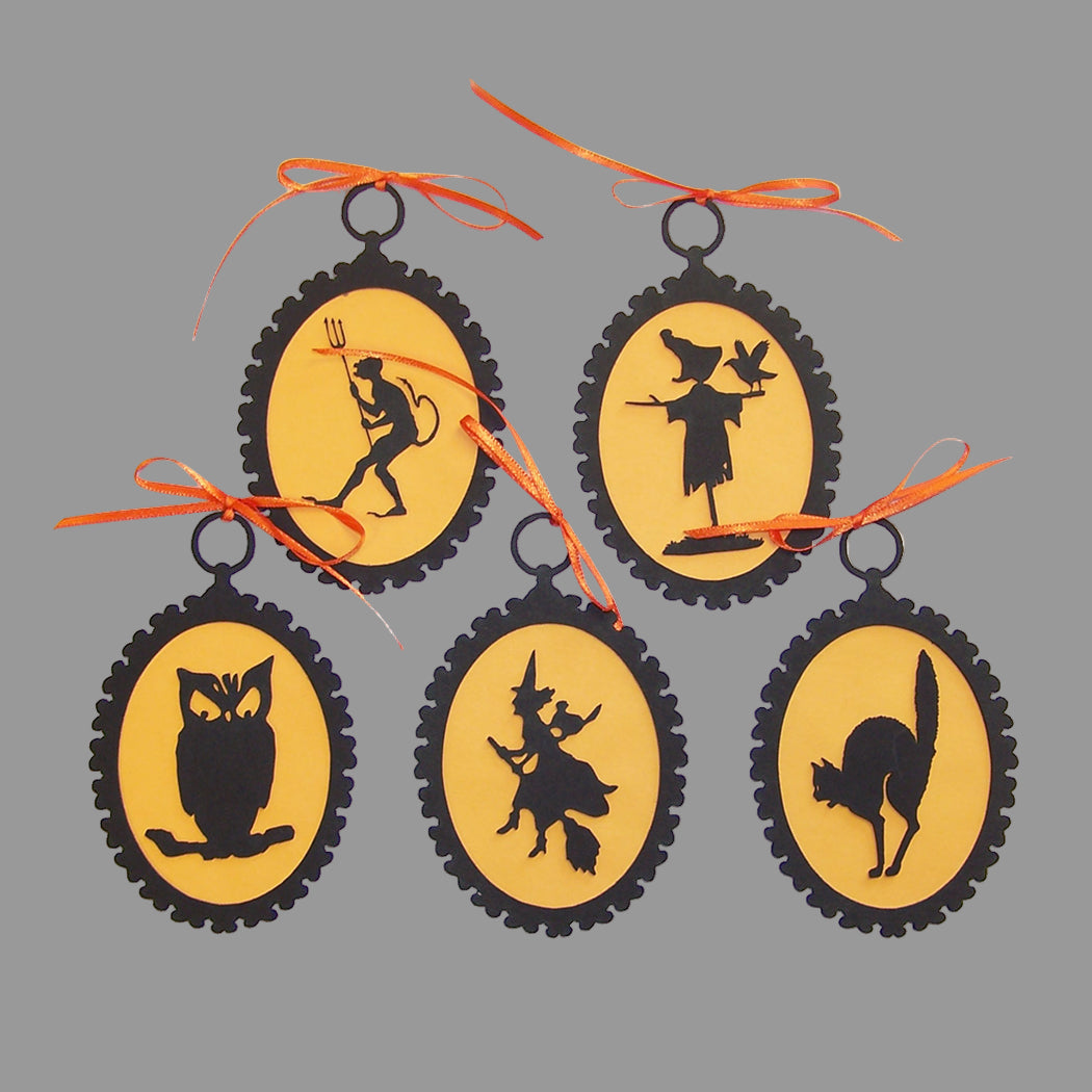 Set of 5 Halloween silhouette ornaments with orange ribbon