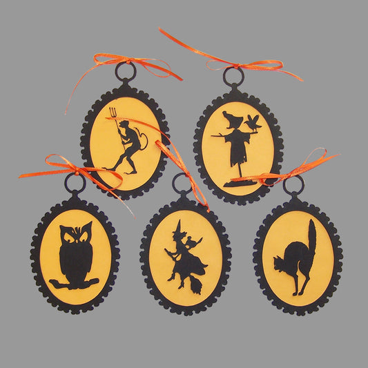Set of 5 Halloween silhouette ornaments with orange ribbon