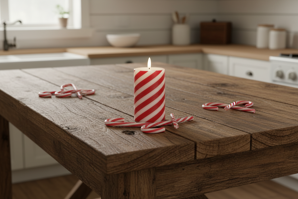 Candle with candy canes on a wooden table in a kitchen