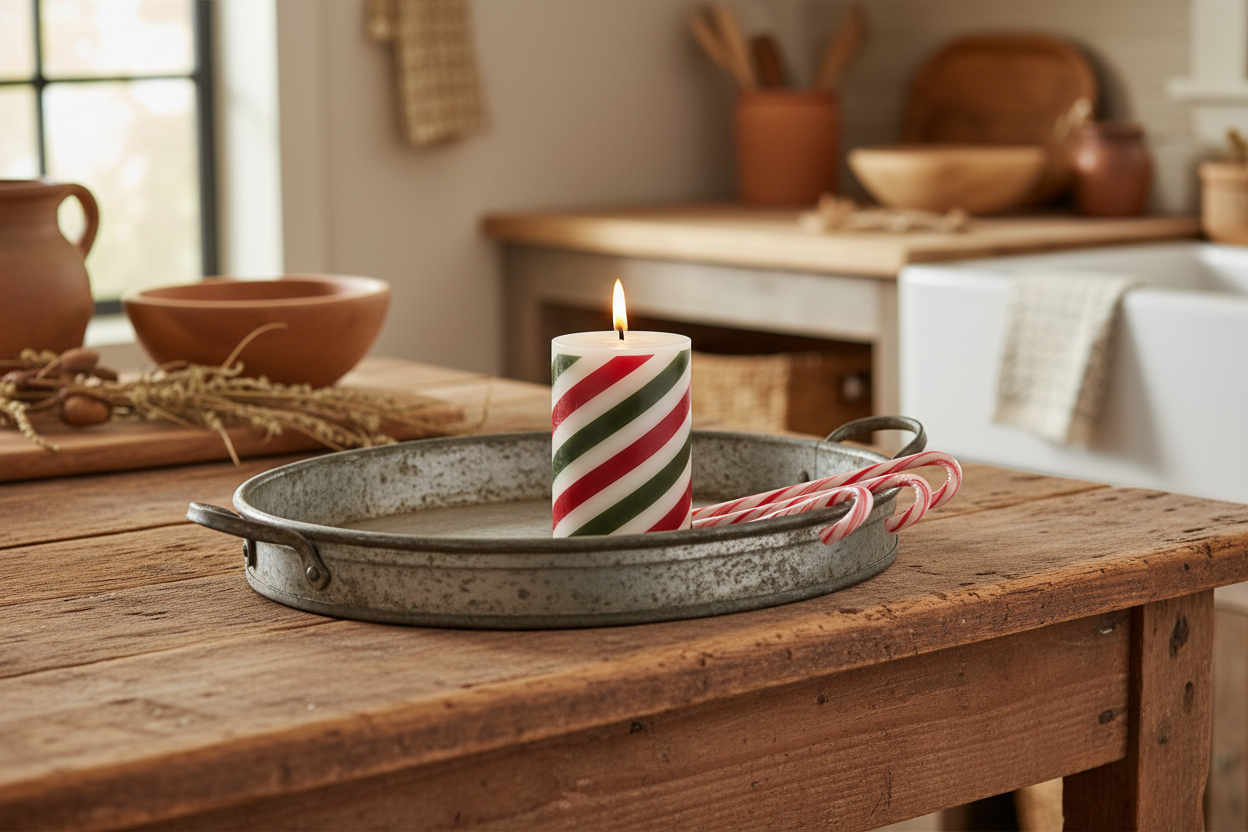 Candle with candy canes on a metal tray on a wooden table in a kitchen.