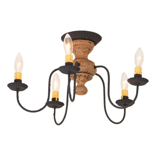 A semi-flush mount wood ceiling light with five arms and incandescent bulbs, featuring a distressed black finish over a red painted center.